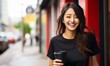 © Surachetsh - Pretty young Asian woman in business casual attire holds a glass of takeaway coffee in her hand at the outdoor field with happiness. Generative AI.