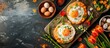 Easter brunch display featuring scrambled eggs on bagels, orange tulips, fried egg on toast with asparagus, colored quail eggs, and festive spring decor. View from above with space for text.