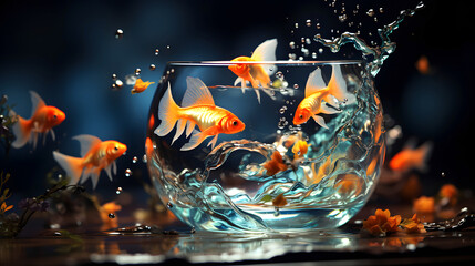 Wall Mural - Goldfish jumping out of the water in a fishbowl. water world. fauna and biology. concept of achieving goal and freedom