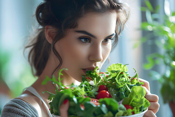 beautiful young woman eats green salad with tomatoes. beauty, health and healthy nutrition with vitamins