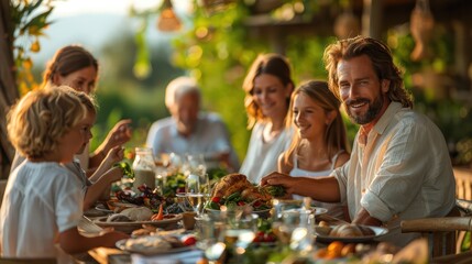 A large French family, spanning multiple generations, gathers together for a delightful outdoor meal in a beautiful garden setting.