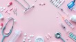 Top view with copy space of medical equipment, stethoscope, syringes, pills and scissors at edges on light pink banner background.