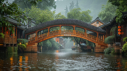 traditional village style chinese art green bridge over river with green tree, in the style of graphic design