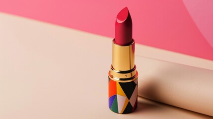 A bright and bold lipstick bullet featuring a unique geometric pattern and vibrant pop of color.