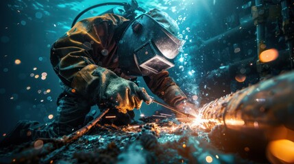 Underwater welders working at Sparks turn on lights on the seabed to repair submerged structures. Underwater welding by professional divers