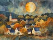 A golden watercolor harvest moon rising over a quiet village