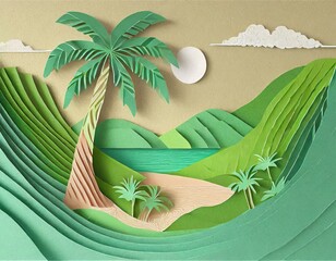 Wall Mural - Tropical island scene in paper cut-out style with palm tree