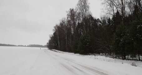 Wall Mural - a road covered with snow and ice in a blizzard, flying snow on the highway during a winter snowstorm and frosts