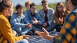 A group of young adults sitting in a circle discussing the benefits of using clean renewable energy sources like solar power. . AI generation.