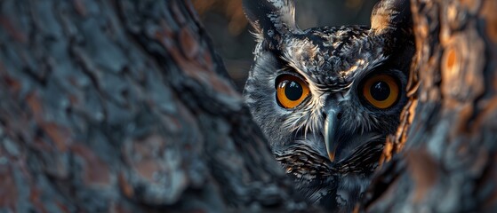 Close-up illustration of a bright yellow big-eyed owl's face on a tree. Owls can convey wisdom, knowledge, intelligence, mystery, black magic, nature, forests, wildlife with space in image for text.