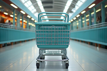 basket on wheels for buying groceries and goods in the supermarket. product marketing. commodity and consumer industry