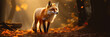 realistic fox with bushy tail and black ears, walking on a dirt path through a forest with tall trees and colorful leaves, with rays of sunlight and mist creating magical atmosphere