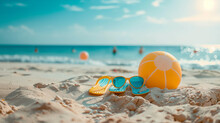 A Vibrant Scene Of Blue And Yellow Flip Flops Next To A Yellow And White Beach Ball, Ready For A Day Of Fun In The Sun At The Beach