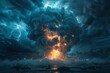 Nuclear explosion at night among clouds