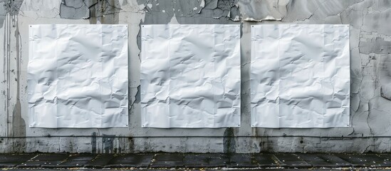 Sticker - Mockup of white paper posters, featuring wet wrinkled and creased sheets with a crumpled texture, displaying blank posters attached to a street wall or advertising column for design purposes.