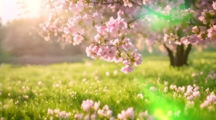 Wall Mural - Pink cherry tree blossom flowers blooming in a green grass meadow on a spring Easter sunrise background