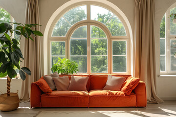 Wall Mural - Curved sofa with cushions against arch window. Boho, farmhouse home interior design of modern living room.