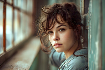 Wall Mural - portrait of a beautiful young woman indoors near the window