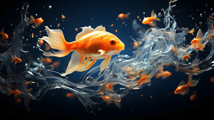 Wall Mural - Goldfish splashing in a bowl of water. water world. fauna and biology. concept of achieving goal and freedom