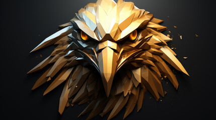 3d metallic golden eagle, hawk or phoenix face / head on black beautiful texture background. Beautiful 3D print design for interior, wall, wallpaper, canvas. Video game logo