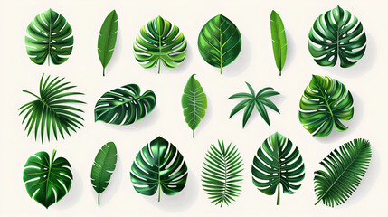 Wall Mural - set of green leaves, tropical leaves on white