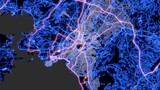 Fototapeta Do przedpokoju - The street map of Athens (Greece) consists of blue glowing neon lines on a black background. Top view of the city center with the road network. The border of water and land.