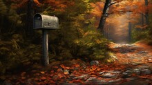 Autumn A Rustic Wooden Mailbox Standing At The Edge Of A Road Framed By Trees With Vibrant Leaves
