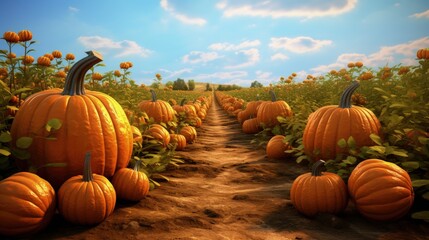 autumn a pumpkin patch with rows of ripe orange pumpkins ready for harvest