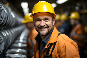 male worker in a protective helmet and overalls works in production. industrial industry