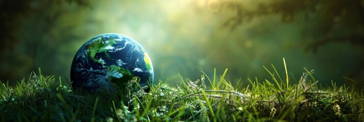 Wall Mural - globe on grass with sunlight and dew drops