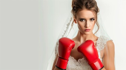 Bride wearing wedding dress and red boxing gloves isolated on white background, concept of marriage is a war, complicated human relationships.