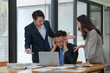 © crizzystudio - Office workers on assignment are stressed over finding solutions to problems in meeting documents. The head of the organization blames the work for not being successful. Improving discussion ideas.