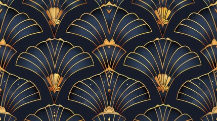 Elegant seamless pattern featuring golden Art Deco elements on a navy blue background