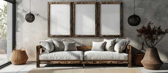 Wall Mural - Blank photo frame mockup in interior design. Contemporary rustic-style interior featuring a poster artwork template, wooden sofa, and vases. Empty space photo frame mockup.