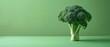 A vibrant broccoli head stands alone against a green background