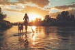 © Creative_Bringer - A Woman in serene river landscape enjoying paddleboarding at sunset with her loyal dog companion.