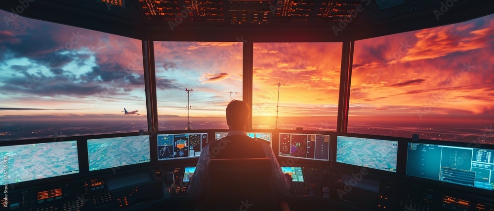An Inside an air traffic control room a controller monitors multiple ...