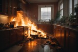 Fototapeta  - kitchen fire due to stove exploding, fire accident, emergency