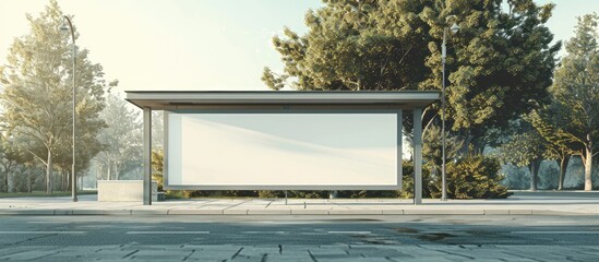 Poster - A horizontal blank white billboard at a bus stop is shown in a side view. It is a commercial concept and a mock-up.