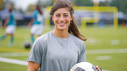 female model smiling, white cotton mock up crewneck t-shirt, football soccer field background
