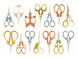 A set of colorful vintage scissors for creativity, grooming, manicure of various shapes and colors. Vector stock illustration on isolated background.