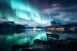 northern lights aurora against the backdrop of a night landscape over the lake