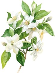 Poster - Delicate Jasmine Flowers with Verdant Green Leaves in Watercolor Style Representation