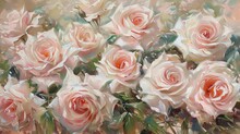 A Canvas Adorned With Full-bloomed Roses In Shades Of Soft Pinks And Whites, With Hints Of Green From Their Leaves.