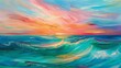 vibrant seascape captured at the moment of sunset, with the sky alight in hues of pink, orange, and blue. The sea is a dynamic blend of turquoise, teal, and emerald
