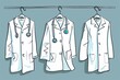 Cartoon cute doodles of lab coats hanging on hooks, ready for young aspiring scientists to put on and start experimenting, Generative AI