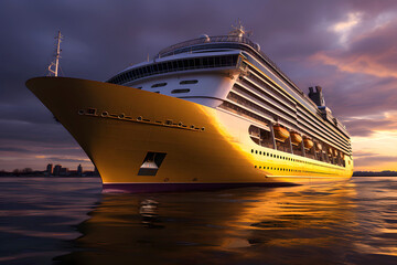 large luxury cruise ship sails along the night ocean along its route. sea ​​recreation and tourism.