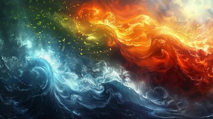 An artists depiction of the four elements coming together with fiery spirals flowing water swirling leaves and solid rocks all blending into one another representing the ultimate