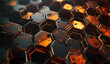 Abstract metallic corrosion texture hexagon pattern with glowing orange red flame on black grey background technology style. Modern futuristic honeycomb concept.	
