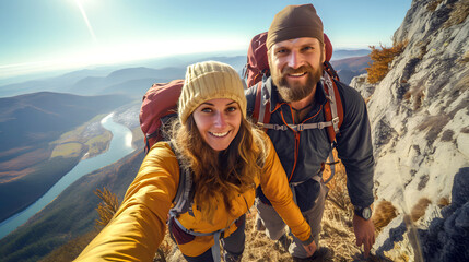 two tourists travelers with backpacks climb the slope at the top of the mountain. tourism and adventure